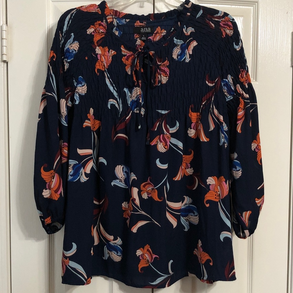 a.n.a Navy and Orange Pattern  Blouse Size Large Three Quarter Sleeves